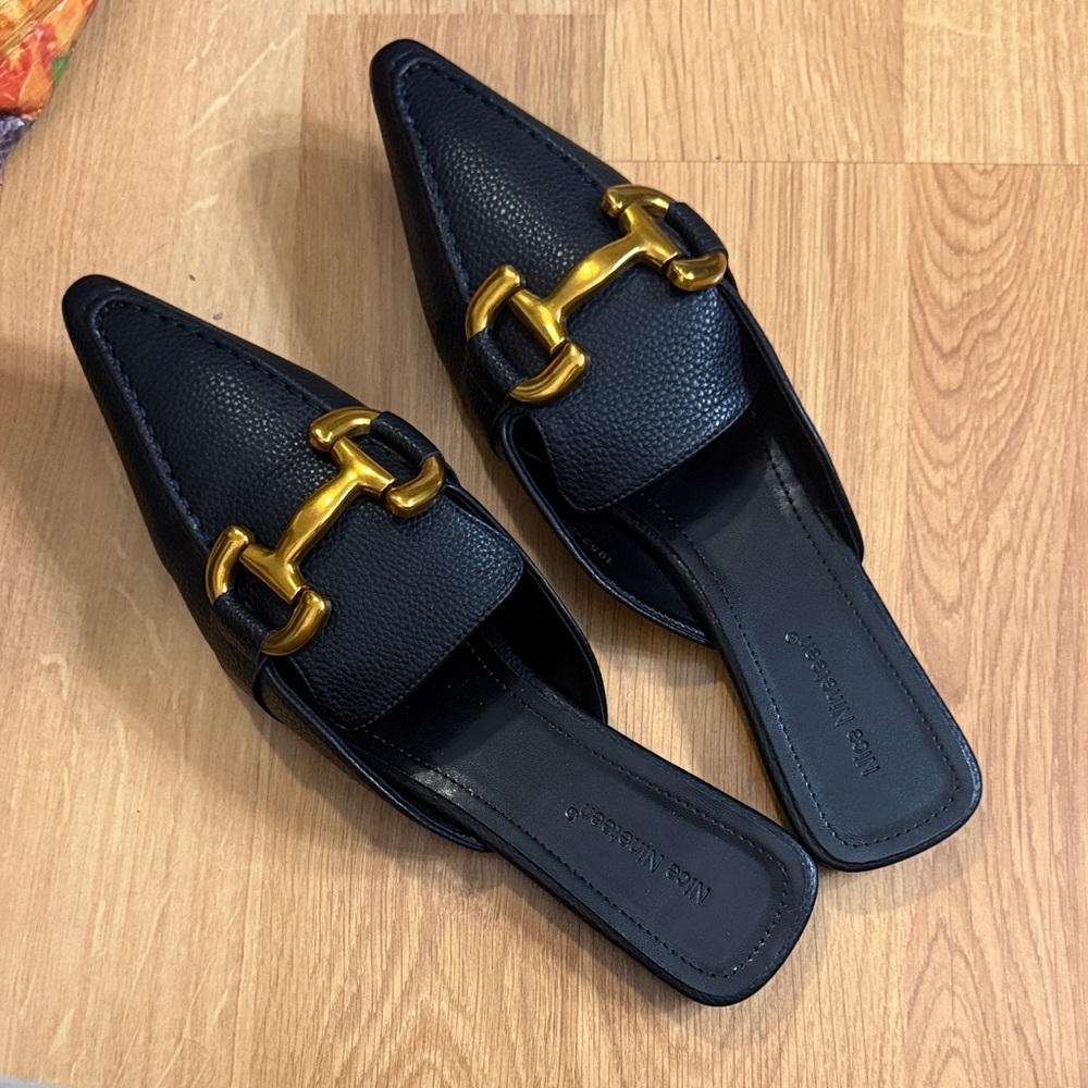 Black Pointed Mule with Gold Buckle Detail